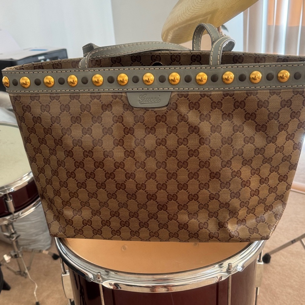Gucci Monogram Brown Tote with Gold Studs